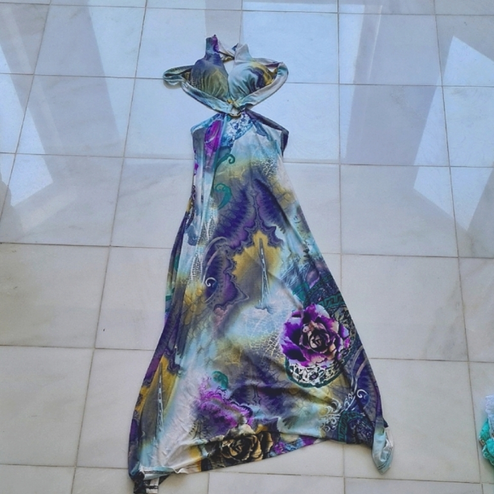 SOLD❣️Maxi Dress Elegant Purple Floral Cutout Snake Buckle Rose Animal Print S